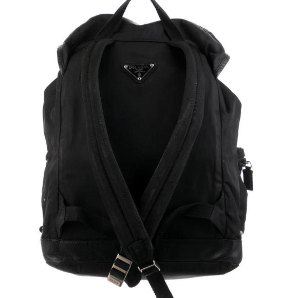 Prada Drawstring Backpack Black Tessuto Nylon w/ Black Leather Trim and Pockets - Picture 3 of 5